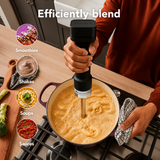A person uses a black immersion blender to mix a creamy orange soup in a dark pot on a stovetop. The scene includes text reading 'Efficiently blend' and circular food-use icons for smoothies, shakes, soups, and sauces.